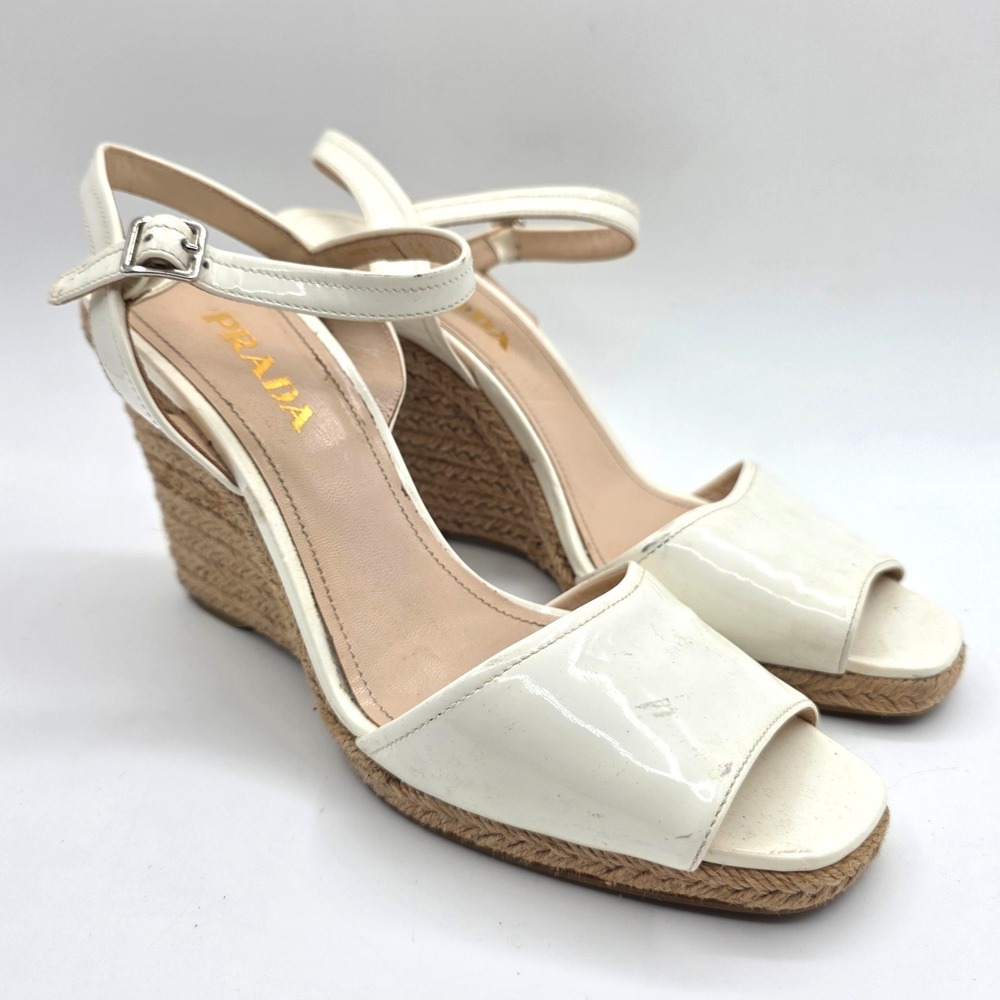 Prada White Patent Leather Espadrille Wedge Sandals Ankle Strap Made in Italy 40